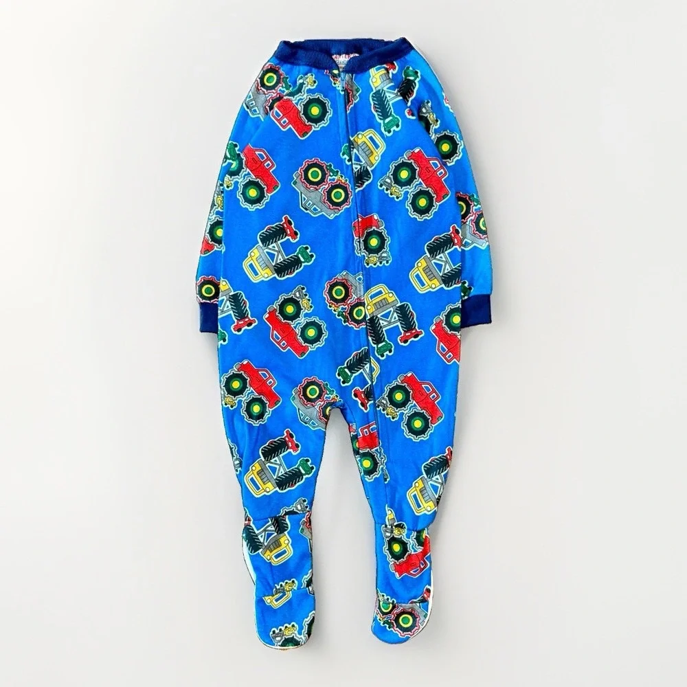 Vintage Carters 12M Monster Truck Print Footed Fleece Sleeper Pajamas Blue Baby